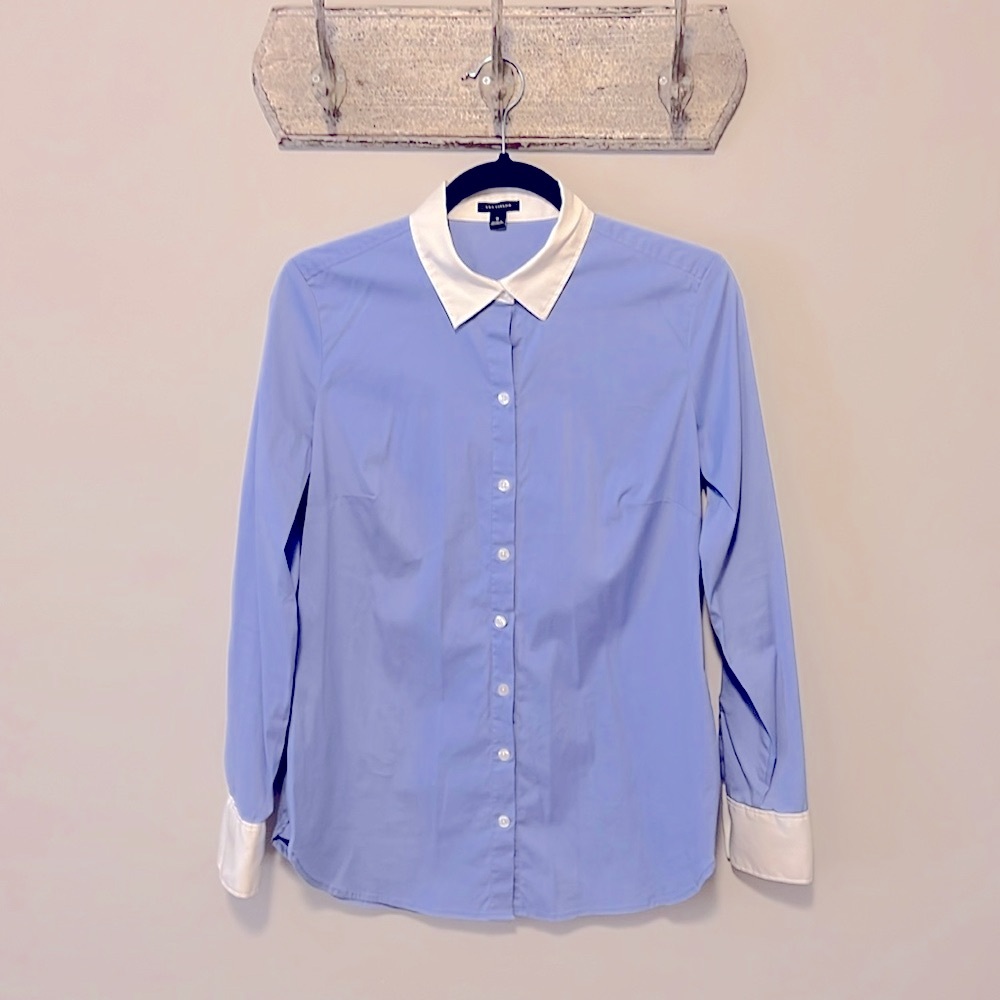 Ann Taylor Blue Blouse with White Collar & Cuffs, Size 8